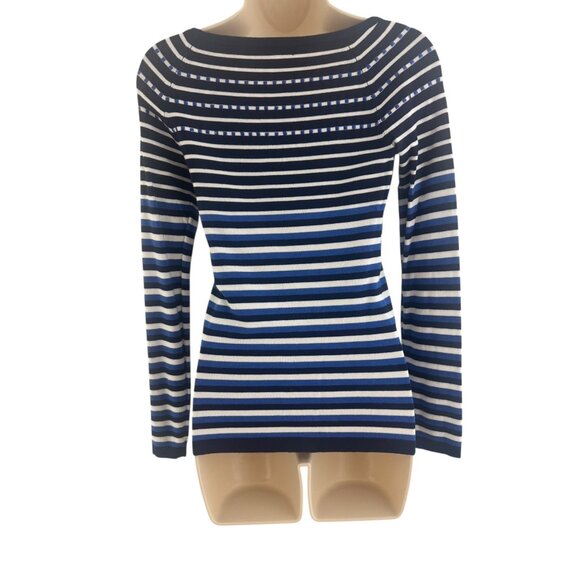 Boston Proper Blue Striped Soft Sweater Embellished Neckline Size XS Knit Top - Picture 4 of 8
